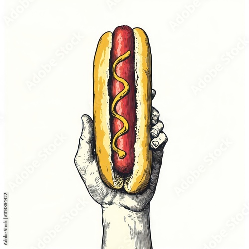 Hand holding a hot dog with mustard. photo