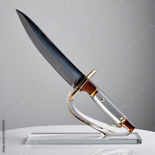 Glass Tanto Knife sculpture with amber-gray blade and gold hilt on gray background, generative ai photo