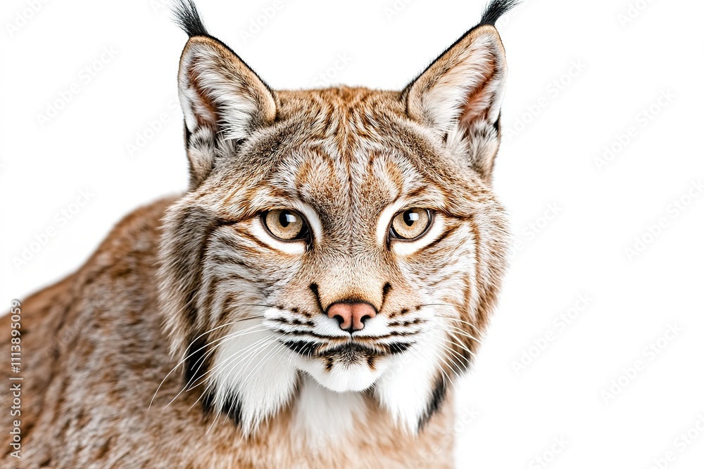 Intense lynx portrait with striking eyes on white Intense lynx portrait with striking eyes on white