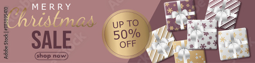 Christmas sale, template design discount banner with lot of gift boxes. realistic vector illustration to promote purchases in the winter season en gold and purple. for card, flyer, website header