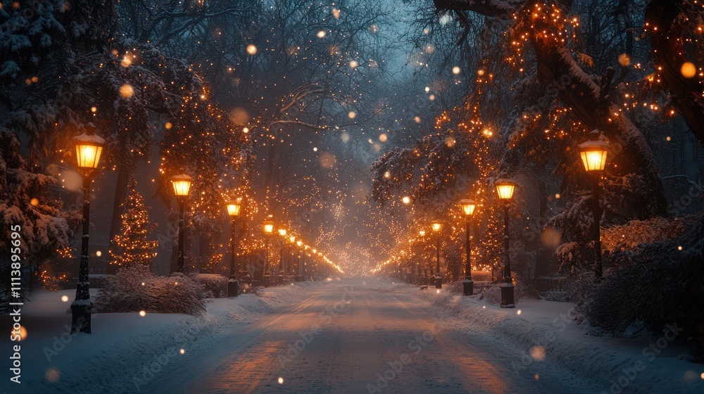 Snowy pathway with illuminated trees and lamps at night. Snowy pathway with illuminated trees and lamps at night.