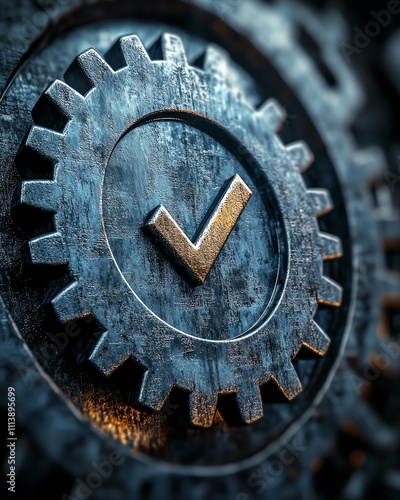 A conceptual design featuring gears and a checkmark photo