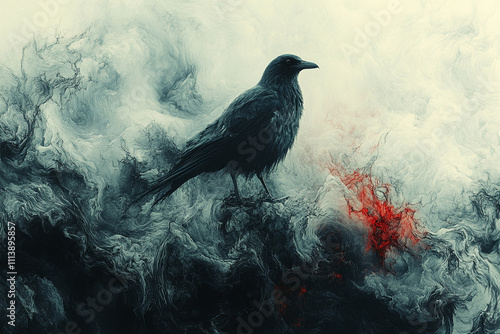 Dark Raven Perched Amidst Swirling Abstract Clouds photo