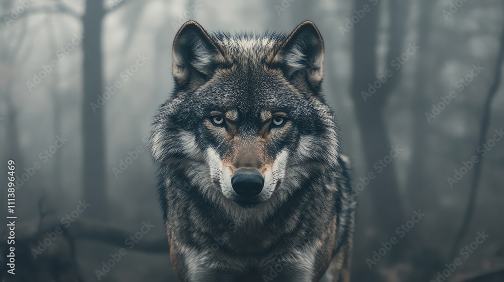 Fototapeta premium A wolf stares intently at the camera in a misty forest.