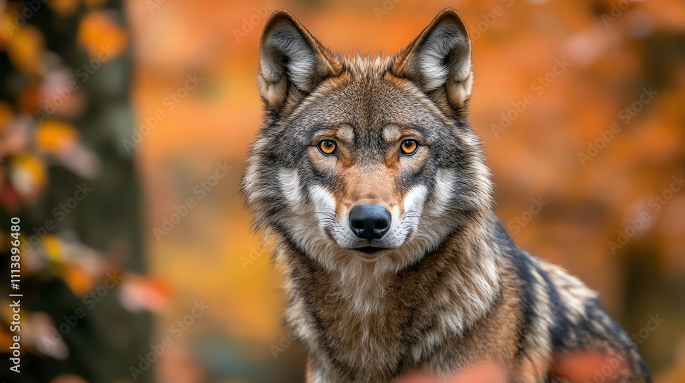 Fototapeta premium A wolf with piercing eyes and a focused gaze, staring intently at the camera.