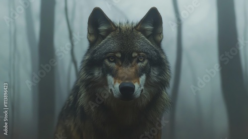 A wolf standing in a misty forest. photo