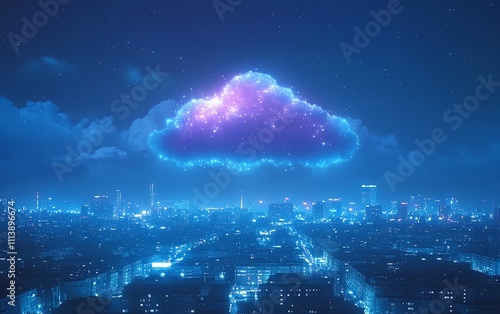 A digital cloud hovering over a vibrant cityscape, symbolizing cloud computing, data storage, and advanced technology infrastructure in an interconnected, techpowered urban setting photo