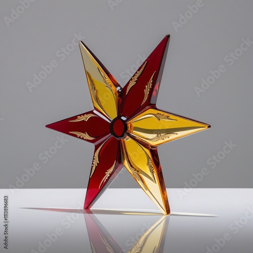 Glass shuriken sculpture with gradient bladed star and intricate etched design on gray background, generative ai photo