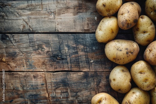 Close up of potatoes on wooden background.