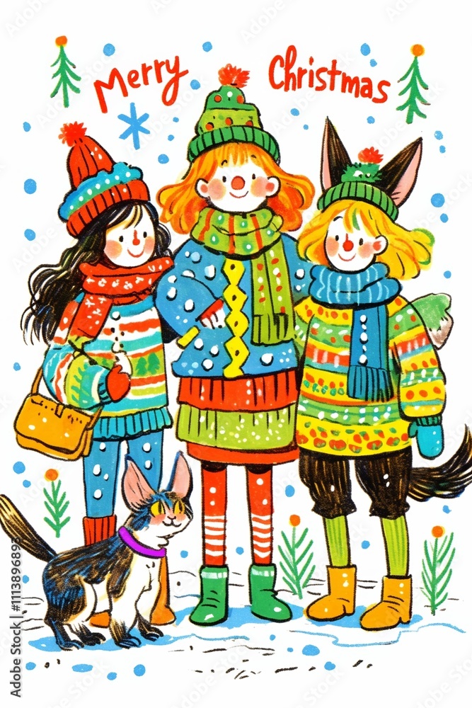 Fototapeta premium Colorful illustration of children in winter clothes with a cat, celebrating Christmas, festive and cheerful holiday design, ideal for greeting cards and seasonal decorations