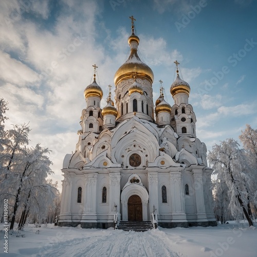 A snow-covered white cathedral in Russia, with intricate details and domes topped with golden crosses. photo