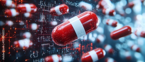 A futuristic digital illustration of red and white capsules floating