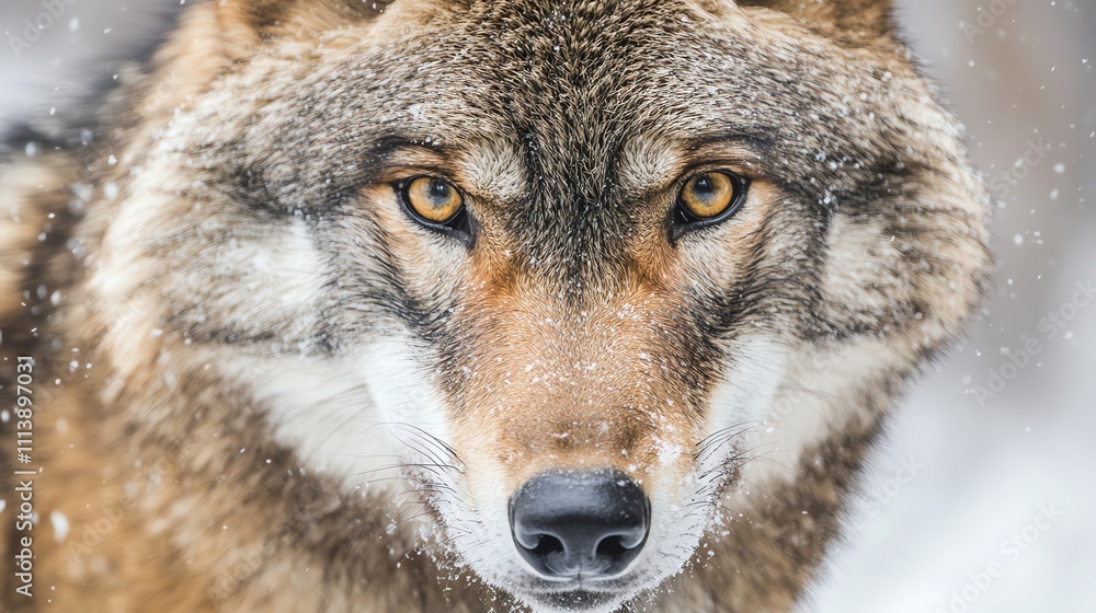 A wolf stares intensely at the camera in a snowy environment. A wolf stares intensely at the camera in a snowy environment.
