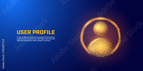 Digital user sign with low poly style in dark blue background, suitable for illustrations of homepages, landing pages, presentation backgrounds, user profiles, team connections, and business networks.