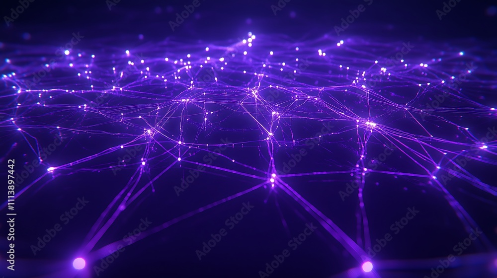 Abstract Digital Network Visualization with Purple Lights and Lines on a Dark Background