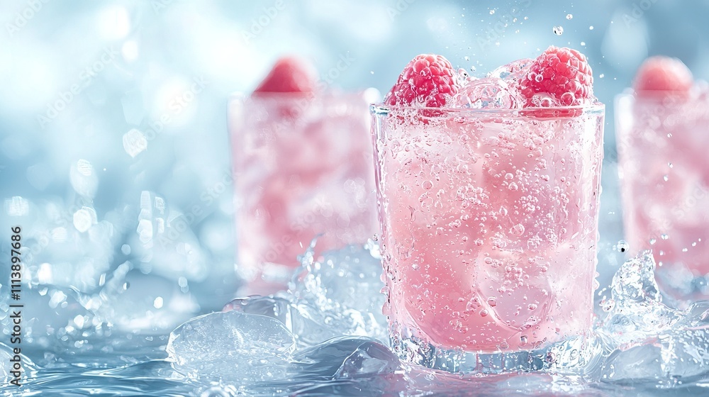 Radiant Raspberry Sparkling Drink with Ice and Splashing Water Radiant Raspberry Sparkling Drink with Ice and Splashing Water