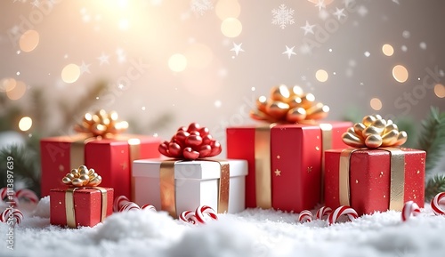 Beautifully Wrapped Christmas Presents in Red, White, Gold with Bows, Snowflakes, and Candy Canes