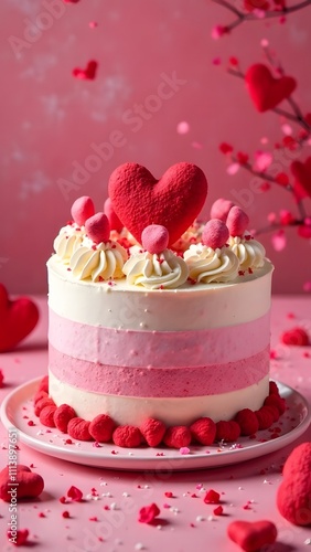 Cheesecake decorated with red hearts. Place for text Perfect for confectioners and bakeries to send Valentine's Day greetings or write special offers on the menu