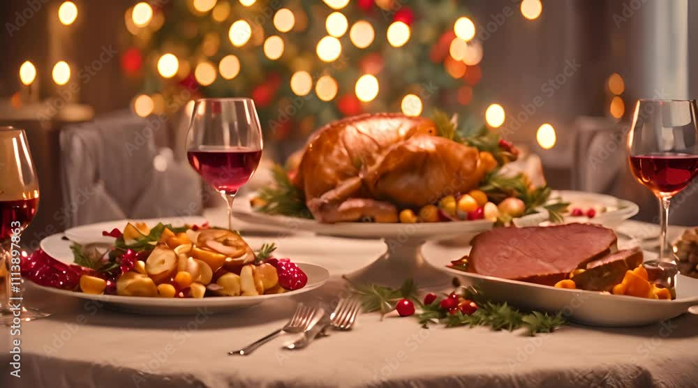 Delicious christmas dinner is served on a festive table complete with roasted meat vegetables and wine glasses creating a warm and inviting holiday ambiance 4K Delicious christmas dinner is served on a festive table complete with roasted meat vegetables and wine glasses creating a warm and inviting holiday ambiance 4K