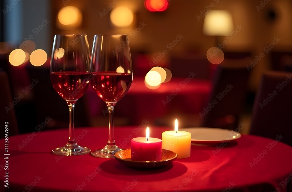 two glasses of red wine and candles on a table with a red tablecloth, with a restaurant in the background. Space for text. Perfect for restaurants on Valentine's Day to write special offers or for con two glasses of red wine and candles on a table with a red tablecloth, with a restaurant in the background. Space for text. Perfect for restaurants on Valentine's Day to write special offers or for con