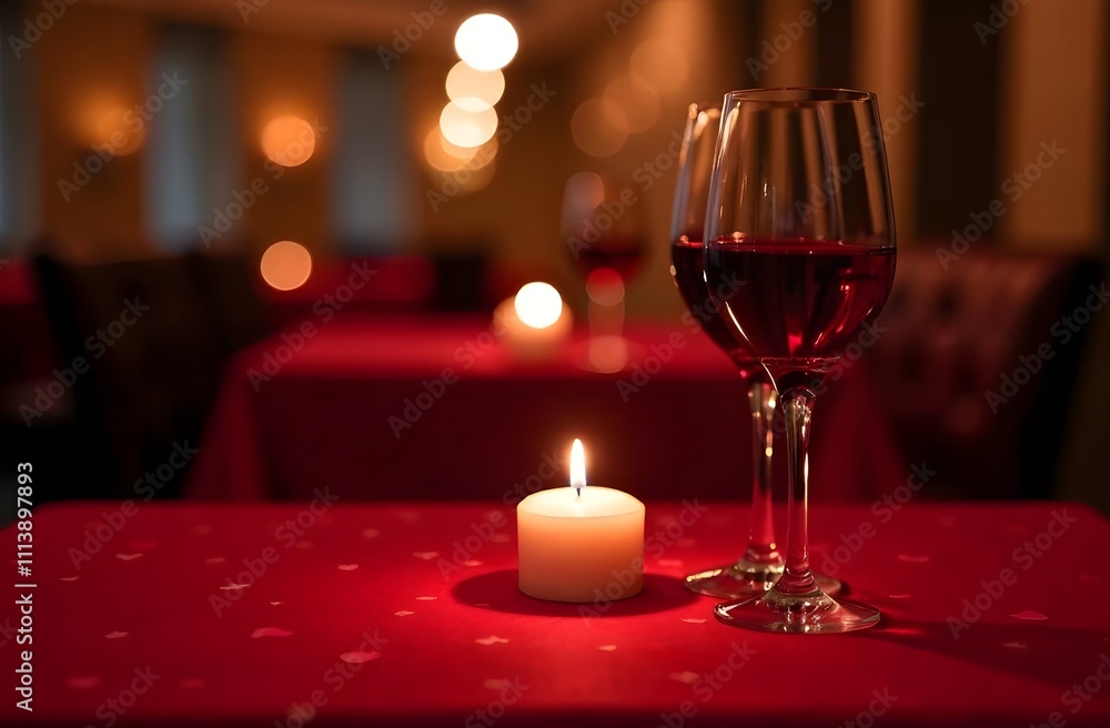 two glasses of red wine and candles on a table with a red tablecloth, with a restaurant in the background. Space for text. Perfect for restaurants on Valentine's Day to write special offers or for con two glasses of red wine and candles on a table with a red tablecloth, with a restaurant in the background. Space for text. Perfect for restaurants on Valentine's Day to write special offers or for con