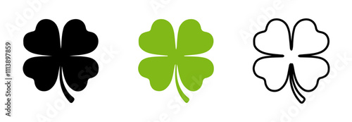 Four-leaf clover icon set. A symbol of good luck, fortune. Black and green colors. Isolated on a white background. Editable stroke.