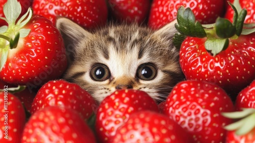 cat and strawberries