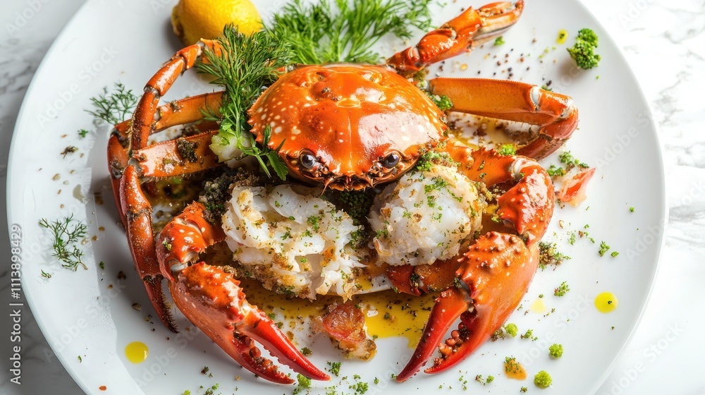 A beautifully presented crab dish garnished with herbs and lemon on a white plate. A beautifully presented crab dish garnished with herbs and lemon on a white plate.