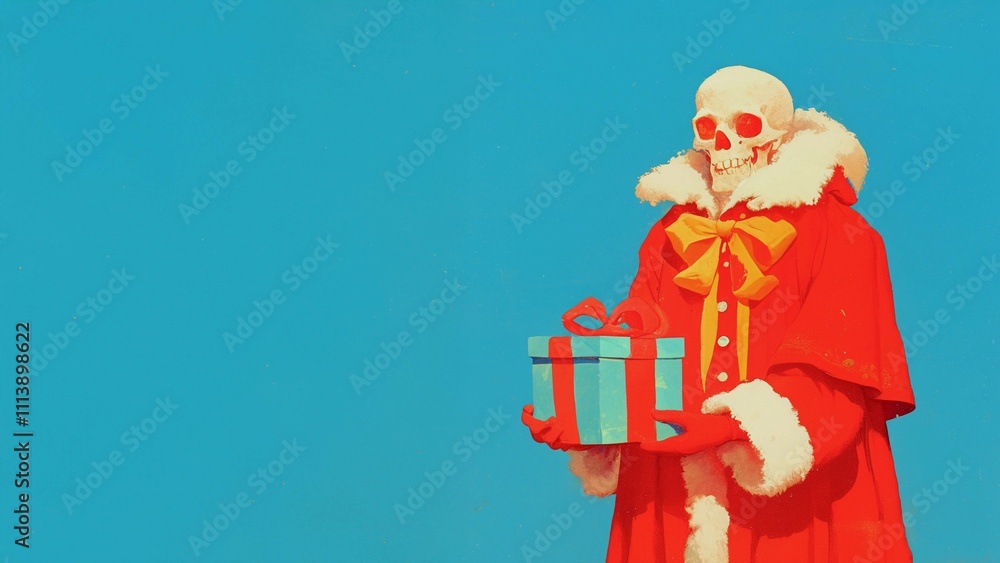 Obraz premium Skeleton dressed as Santa holding a wrapped gift with a bow on blue background and copy space, creative Christmas and holiday concept, ideal for alternative seasonal designs