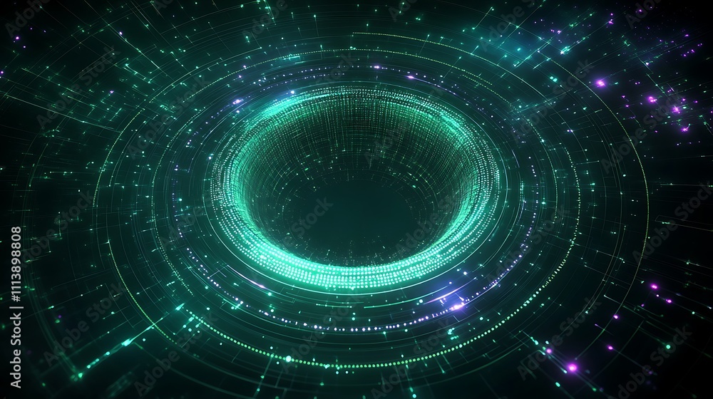Obraz premium Abstract Digital Vortex with Glowing Particles and Light Trails in Green and Purple Colors