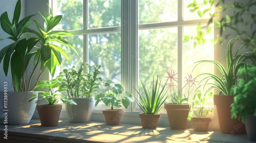 Sunlit Windowsill With Various Houseplants In Pots Sunlit Windowsill With Various Houseplants In Pots