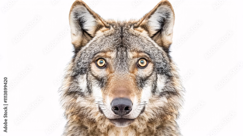 Fototapeta premium Portrait of a Surprised Wolf: Close-up, isolated on a white background.