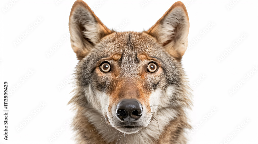 Fototapeta premium Portrait of a Surprised Wolf: Close-up, isolated on a white background.
