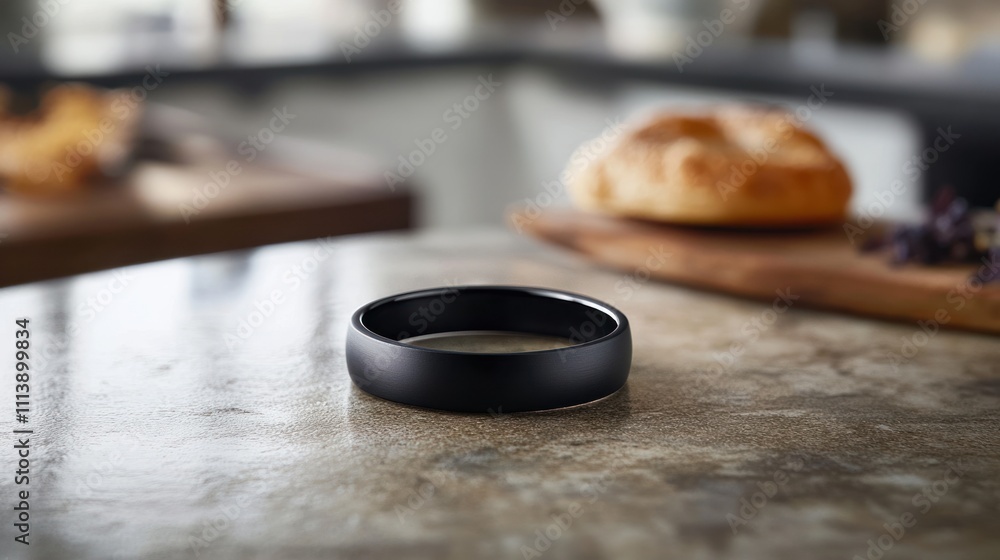 Black Matte Mens Wedding Ring On Tabletop Black Matte Mens Wedding Ring On Tabletop