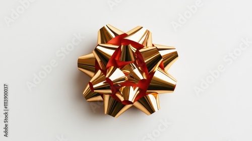 Beautifully Crafted Gold and Red Gift Bow on a Smooth White Surface, Perfect for Holiday or Celebration Decorations and Presents, Showcasing Elegance and Cheerful Aesthetics