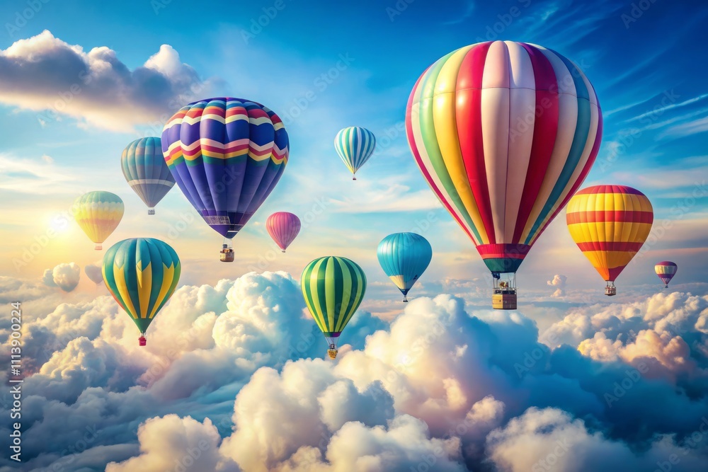 Obraz premium Vibrant Watercolor Hot Air Balloons in a Minimalist Landscape: A Serene Sky Filled with Colorful Floating Artistry Capturing the Essence of Freedom and Adventure in the Air