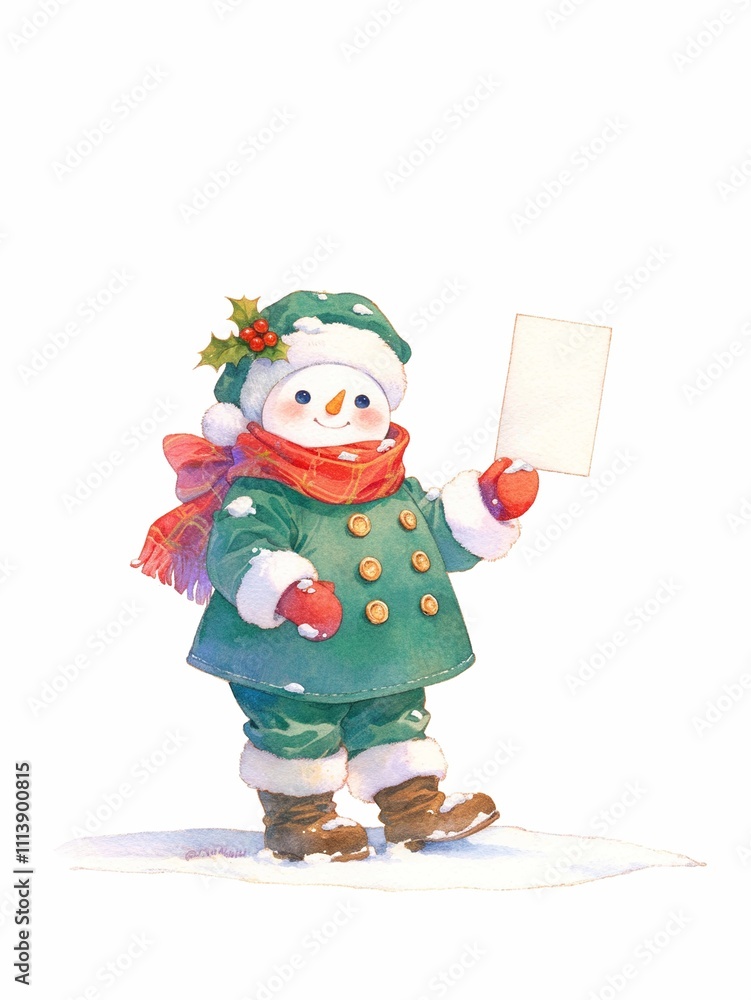 Adorable snowman in green winter outfit holding a blank sign, festive Christmas illustration on white background Adorable snowman in green winter outfit holding a blank sign, festive Christmas illustration on white background