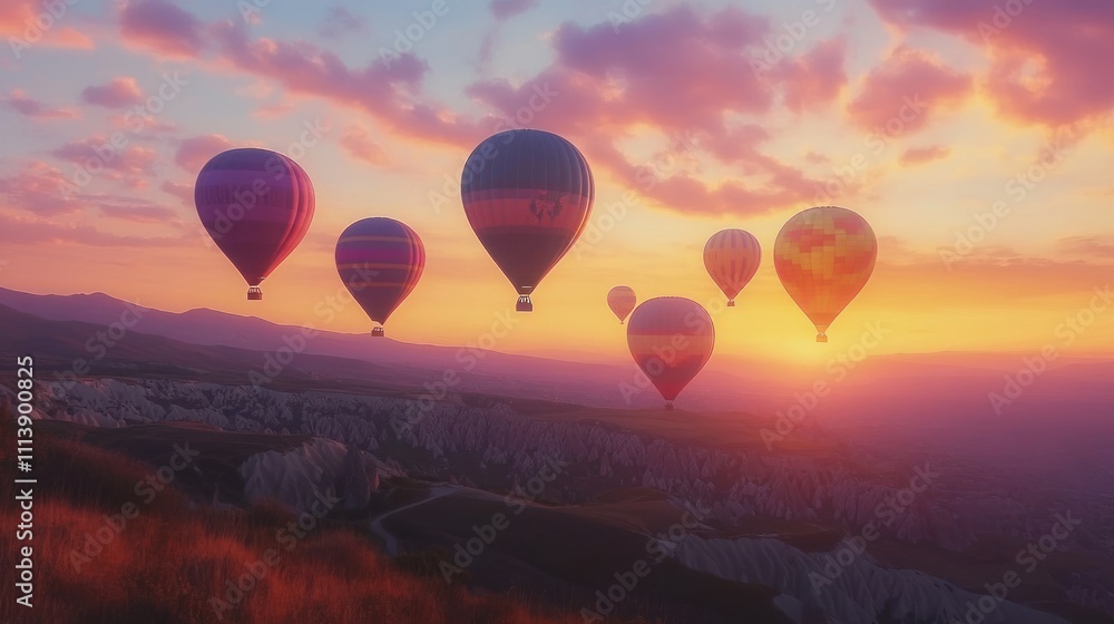 Fototapeta premium Colorful hot air balloons floating at sunset