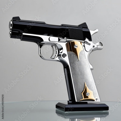 Glass M1911 Handgun sculpture with gradient black grip and polished silver barrel on gray background, generative ai photo