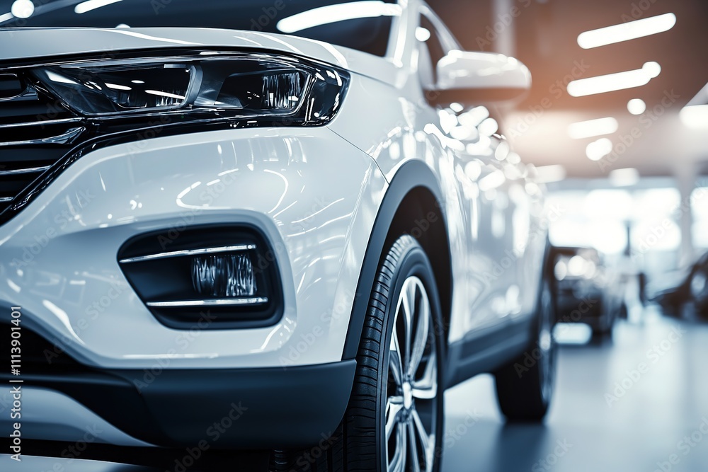 White SUV in showroom with focus on headlight and grille White SUV in showroom with focus on headlight and grille