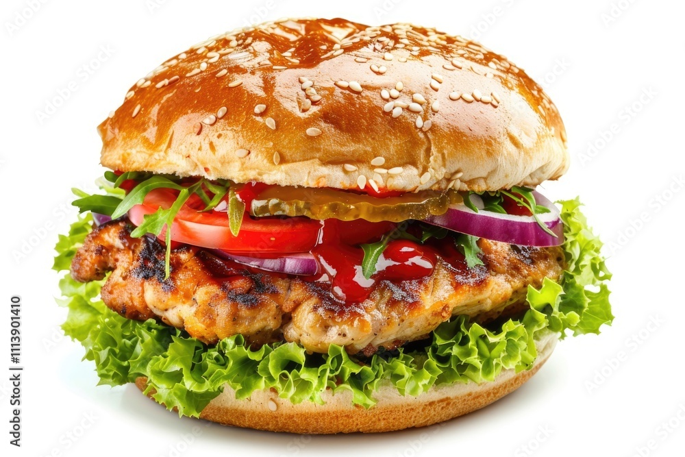 Delicious crispy chicken burger with salad and sauce. Delicious crispy chicken burger with salad and sauce.