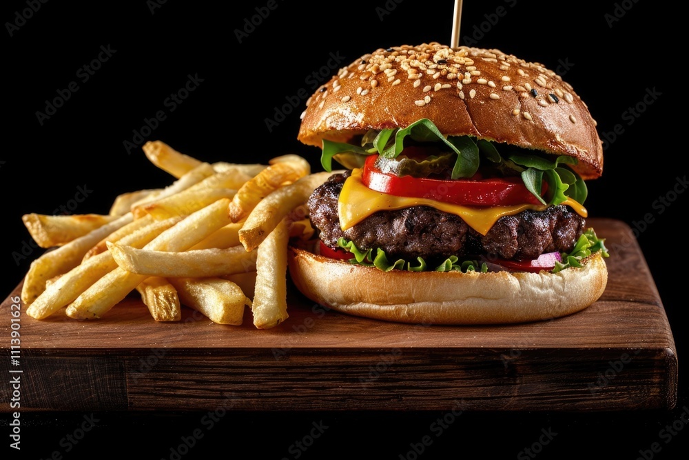 Craft beef burger and fries on wooden table  isolated on black.