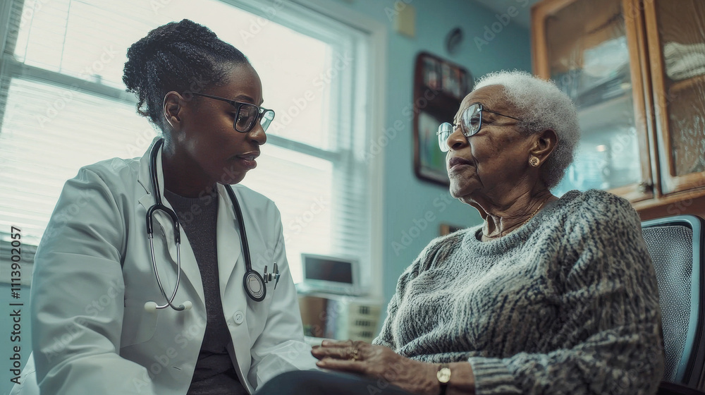 Fototapeta premium Black female doctor consulting female patient - African senior woman with female medical nurse inside retirement home - Health care and assistance concept - Models by AI generative