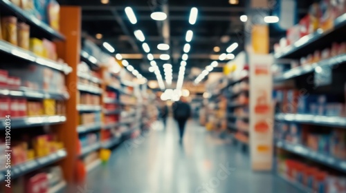 A blurred view of a grocery store aisle with shelves lined with products.