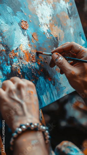 A painter's hand is painting a canvas with a paintbrush.