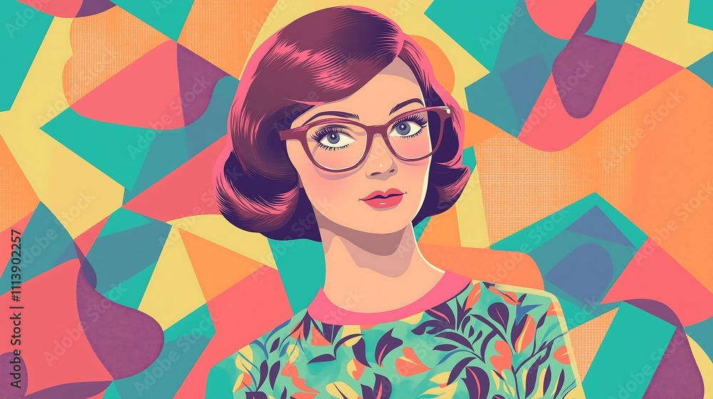 Fototapeta premium Illustration of Retro Woman Cat-Eye Glasses 1960s Shift Dress Playful Geometric Patterns Generative AI