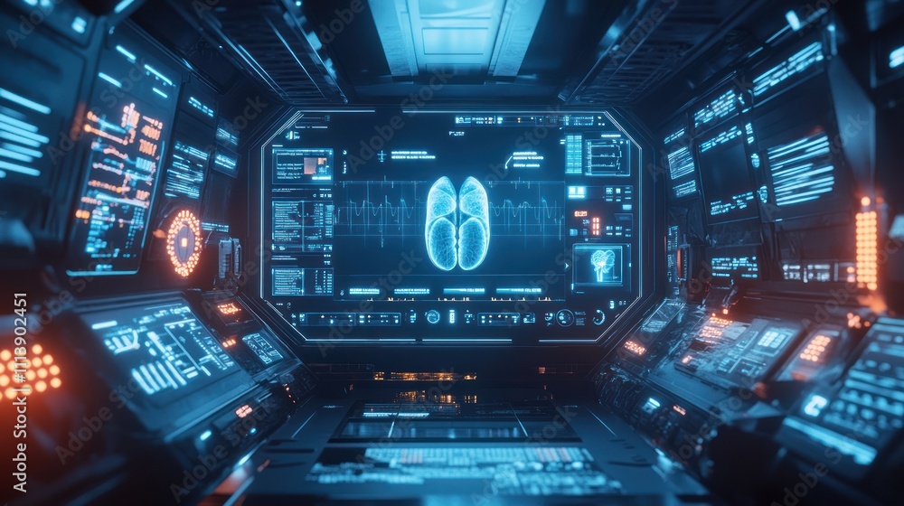 Futuristic interface displaying biometric data and health metrics in a sci-fi environment. Futuristic interface displaying biometric data and health metrics in a sci-fi environment.