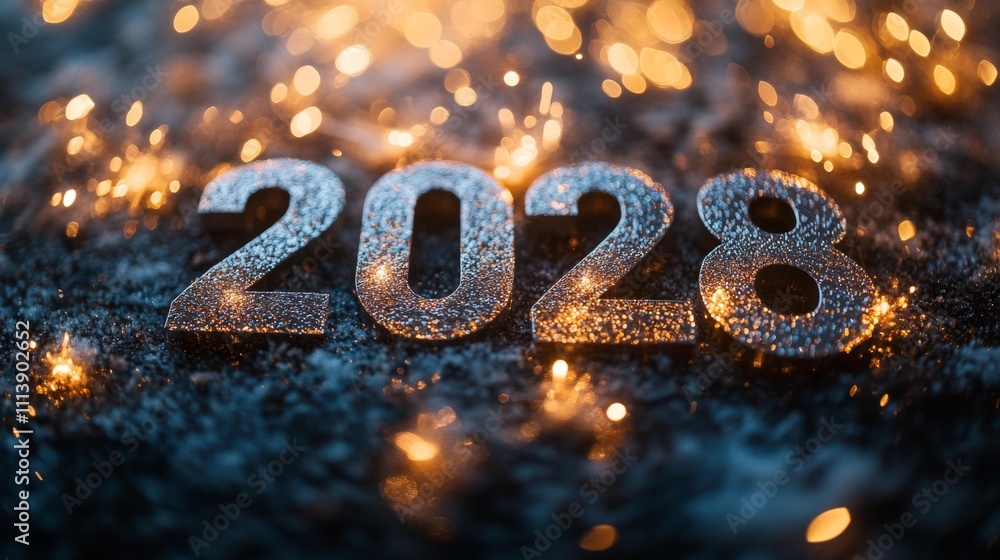 Shimmering “2028” Surrounded by Golden Firecrackers and New Year Lights. Generative AI Shimmering “2028” Surrounded by Golden Firecrackers and New Year Lights. Generative AI