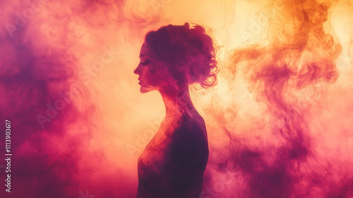 Silhouette of a Woman in Vibrant Smoke and Sunset Glow