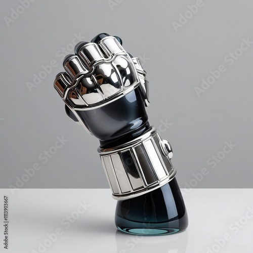 Glass Fighting Gauntlet sculpture with gradient gray wrist and silver fingertips on gray background, generative ai photo